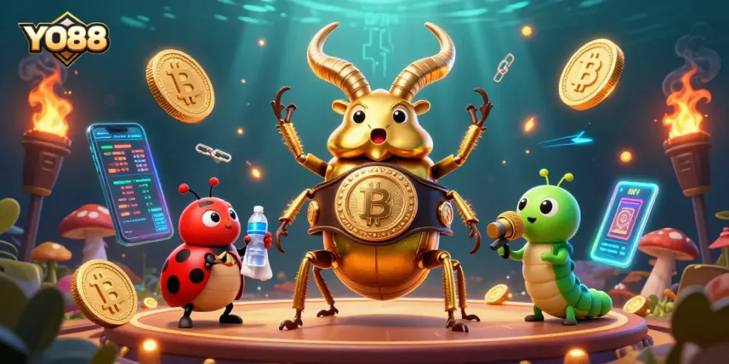 Experience thrilling action with YO88 featuring a golden beetle champion in a vibrant casino setting.