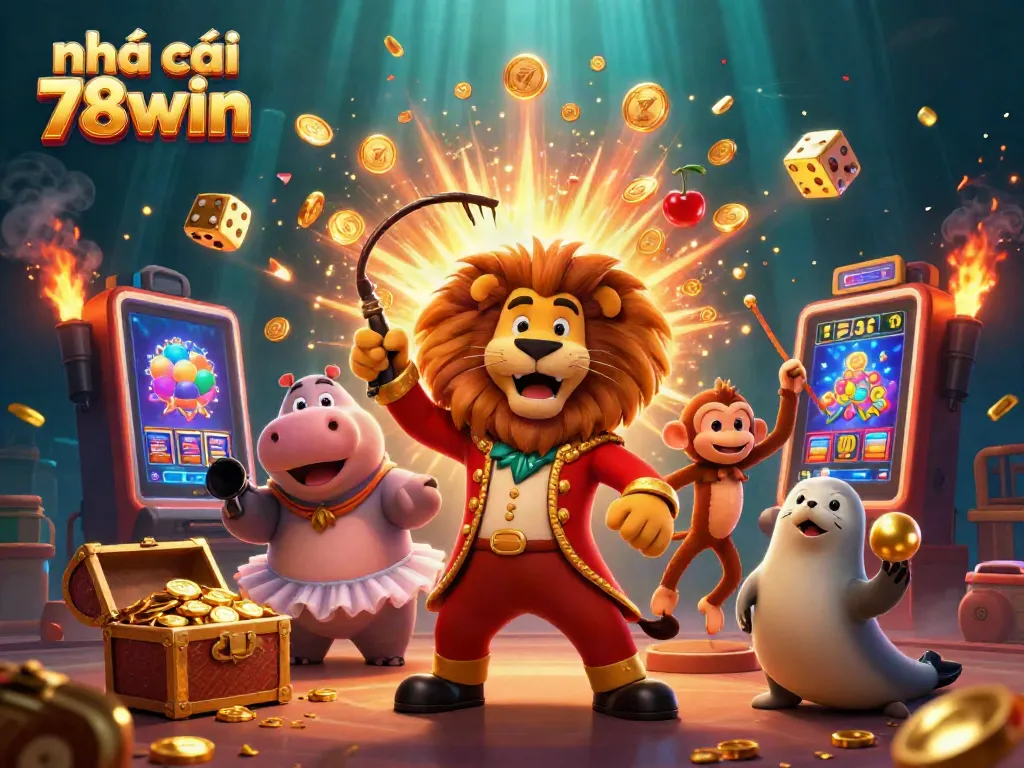 Engage with the exciting world of nhà cái 78win featuring a vibrant 3D cartoon scene of circus characters amidst casino elements.