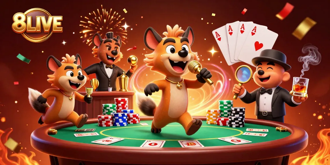 Experience the excitement of 8LIVE with hyenas in a vibrant casino scene filled with rich details.