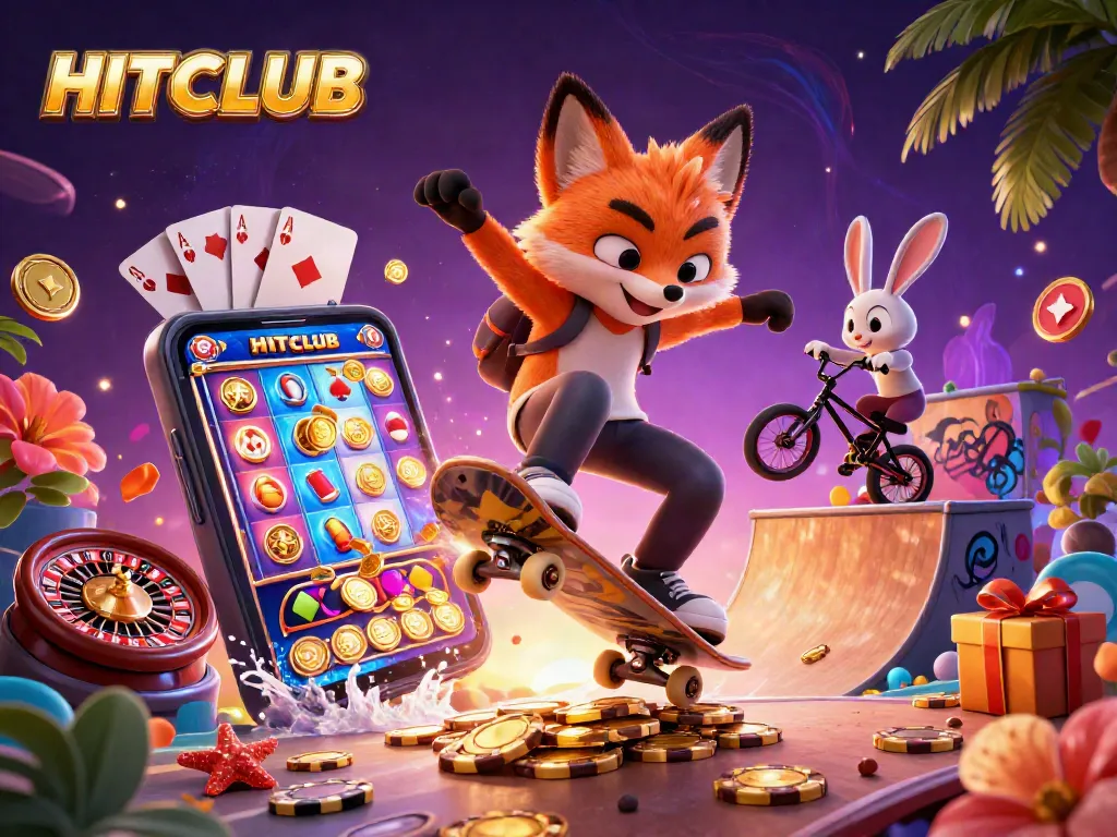 Experience the HITCLUB excitement with animated casino-themed characters showcasing dynamic gambling elements.