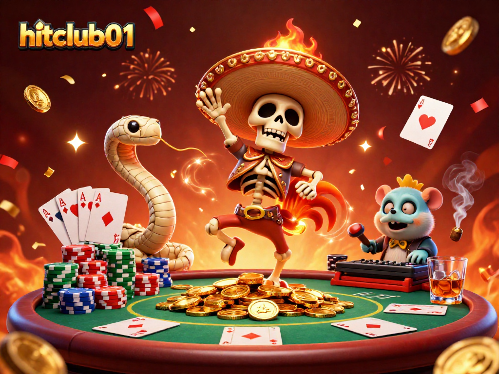 hitclub01 showcases a vibrant 3D casino scene with colorful animations celebrating poker playing.