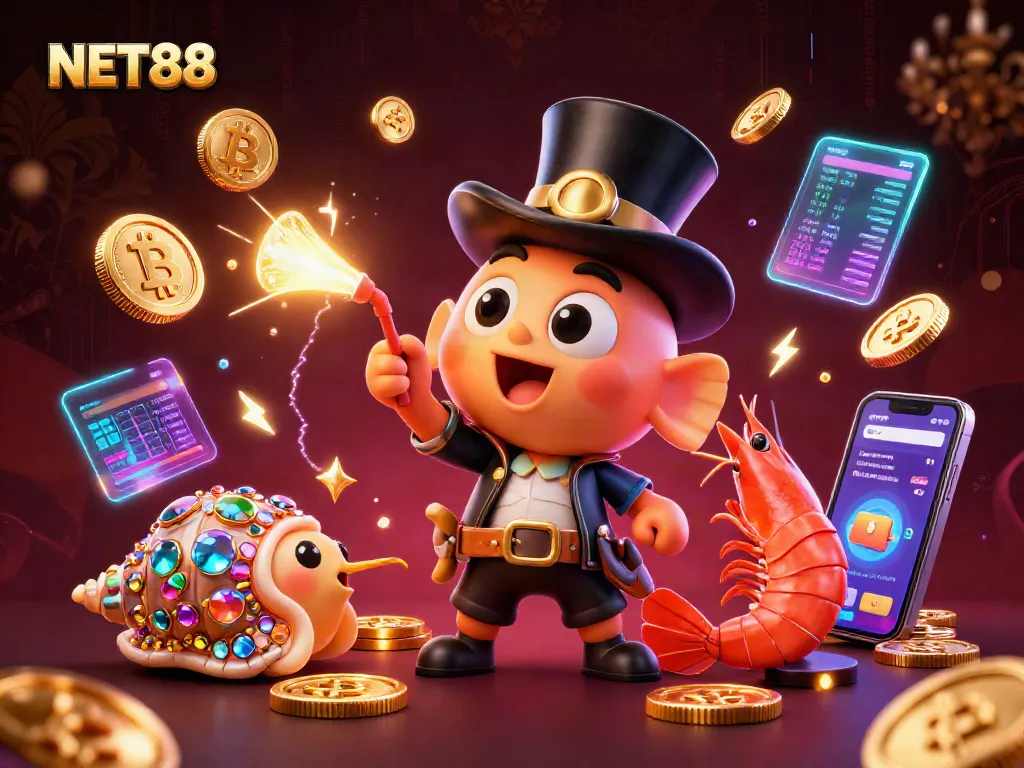 Engage with NET88's rich gaming world as the anglerfish attracts golden coins amidst vibrant cryptocurrency elements.