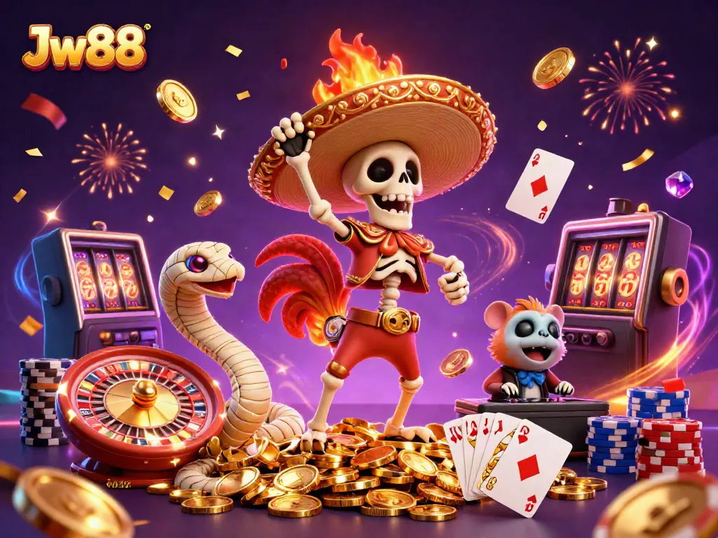 Celebrate wins and excitement at Jw88 with a vibrant 3D casino illustration showcasing lively characters.