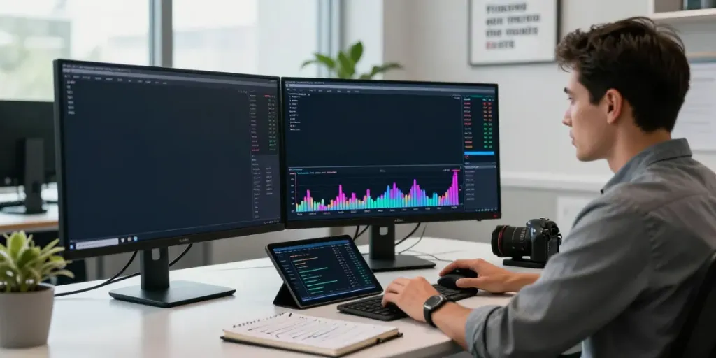 Trader analyzing cryptocurrency markets with Quantum AI technology in a modern workspace.