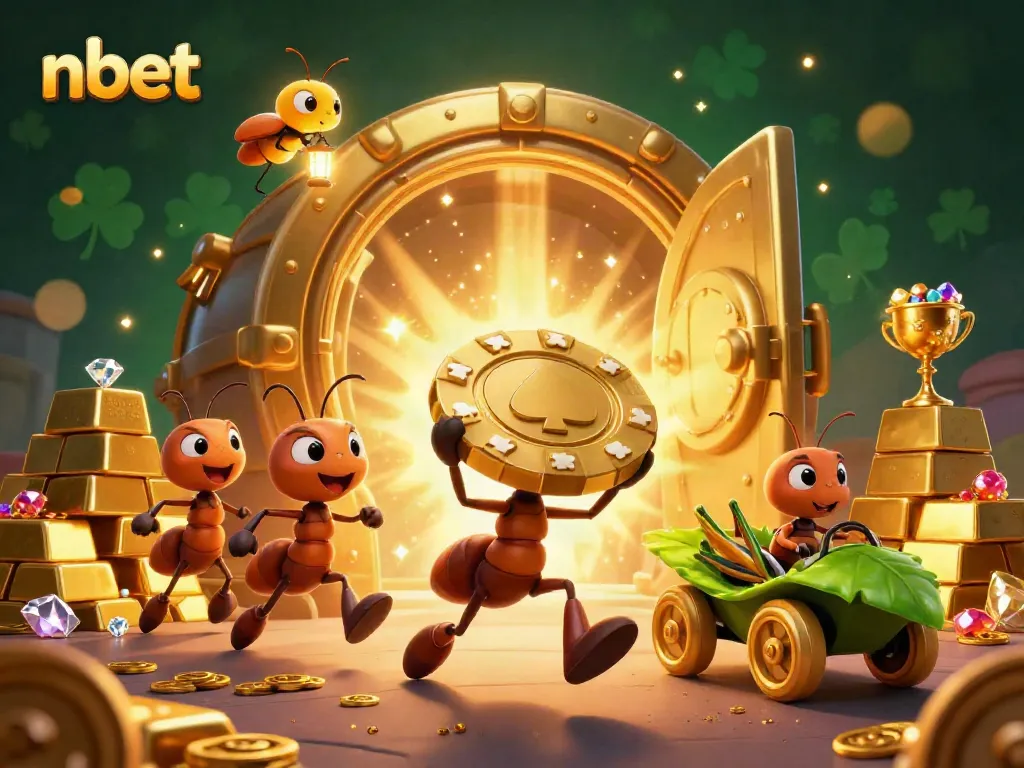 Engage in thrilling play with nbet's dynamic heist-themed casino scene featuring ants, gold, and poker chips.
