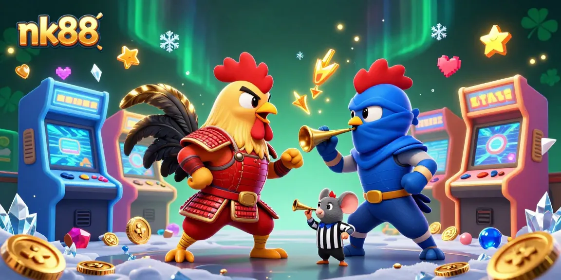Experience thrilling rooster battles at nk88 with this exciting 3D casino-themed depiction featuring vibrant game elements.