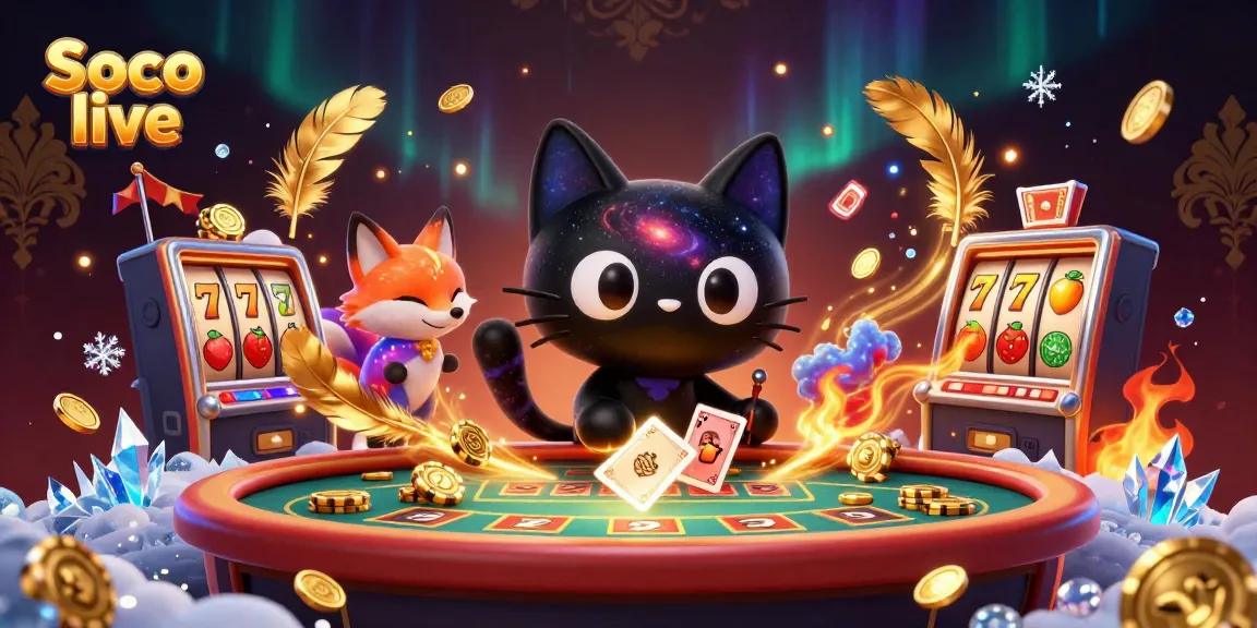 Soco live captures the excitement of casino gaming with a black hole cat and colorful elements.