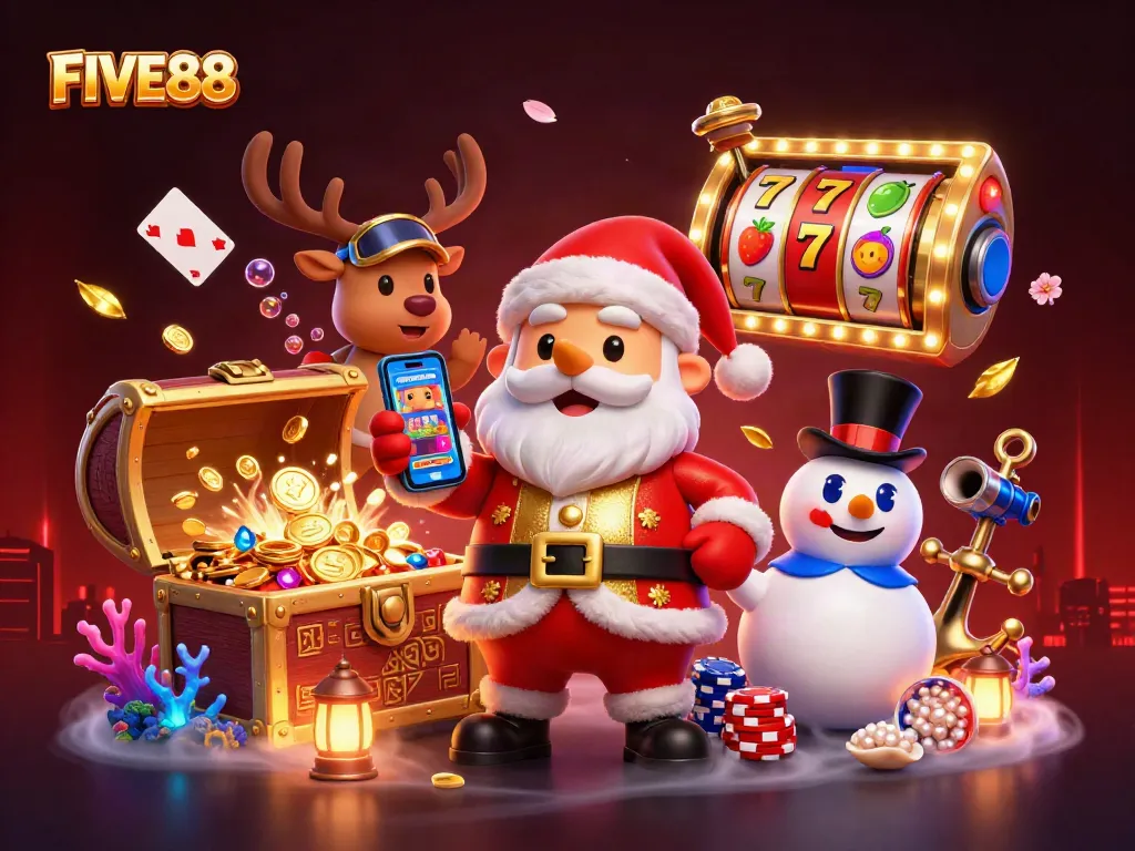 FIVE88 casino scene with Santa, a reindeer dealer, and a poker chip snowman amidst dynamic slots and treasures.