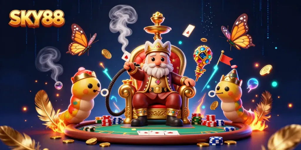 Engage in thrilling card games at SKY88 with a lively 3D casino illustration.