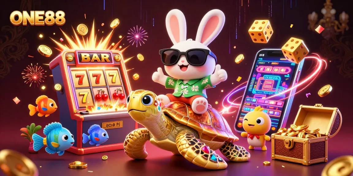 ONE88 showcases exciting casino adventures with a lucky rabbit and golden turtle amidst a jackpot explosion.