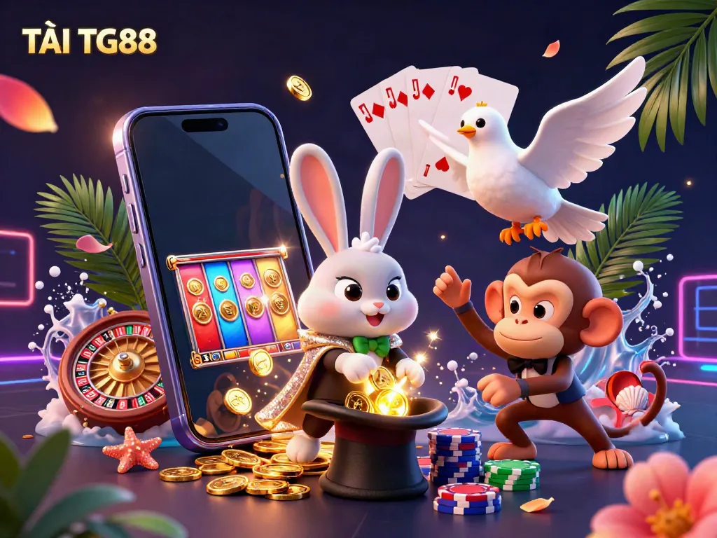 TẢI TG88 enhances your gaming experience with a magical 3D illustration showing a rabbit magician, coins, and vibrant slots.