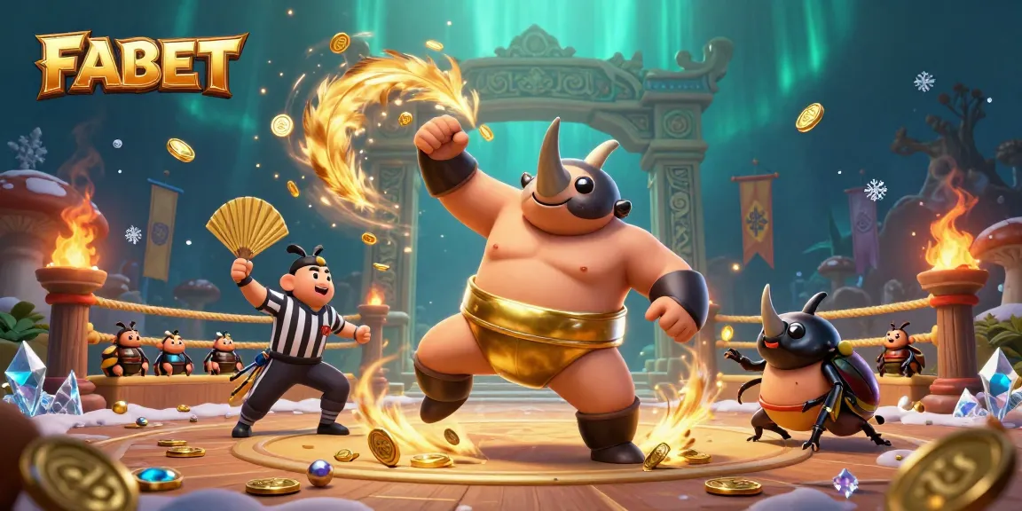 Experience FABET's exciting gameplay with captivating visuals of a beetle sumo champion in action.