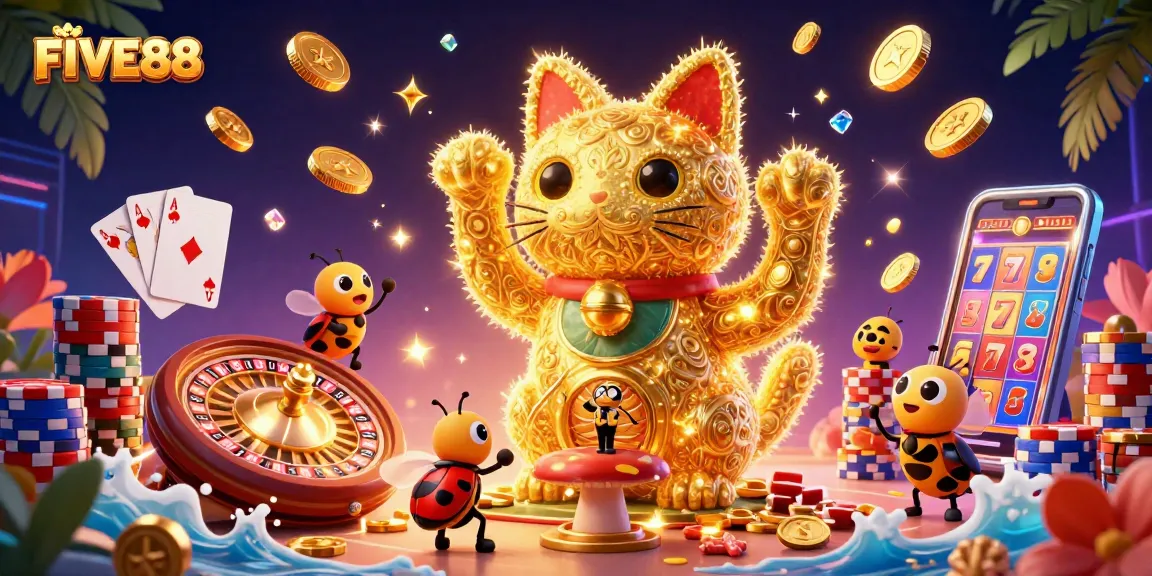 Experience the vibrant FIVE88 casino atmosphere with a lucky cat, golden fireflies, and casino symbols