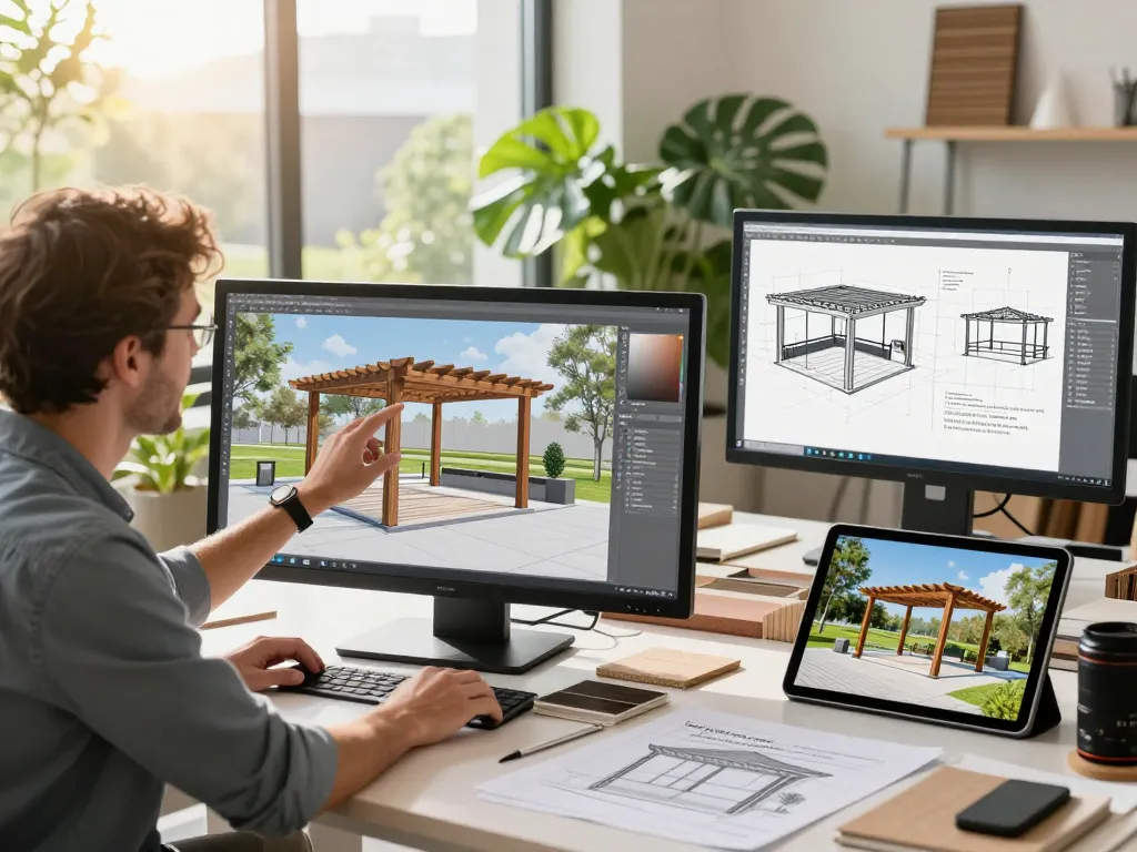 Designer using Pergola Sales Software to visualize and configure outdoor pergolas in a bright, engaging studio.
