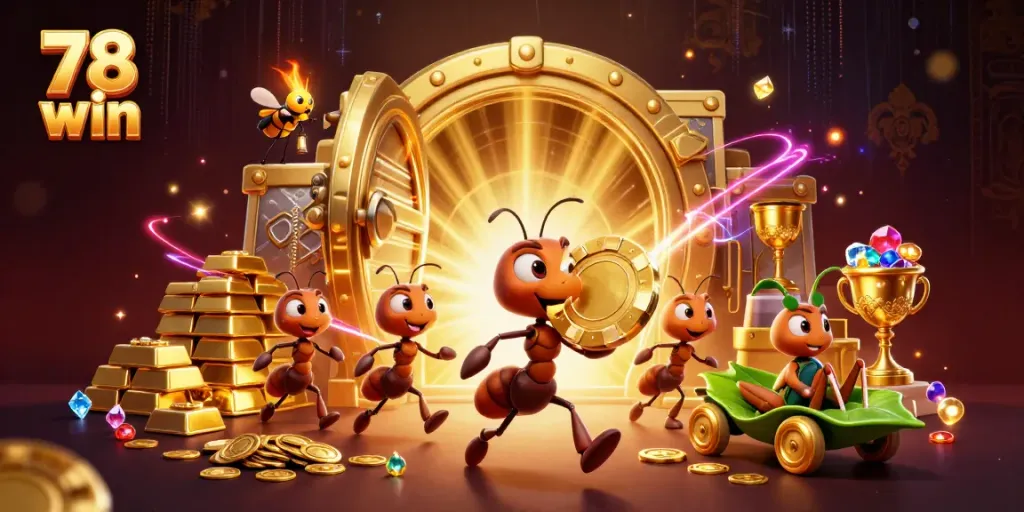 Experience thrilling action at 78 win with cartoon ants stealing golden poker chips in a vibrant casino scene