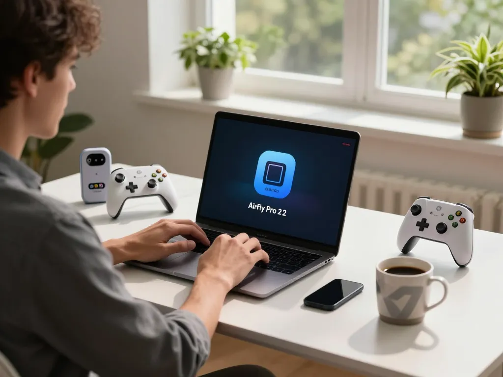 Exploring trending tech gadgets at a modern workspace, featuring innovative devices like 8BitDo Ultimate 2 controller and AirFly Pro 2.