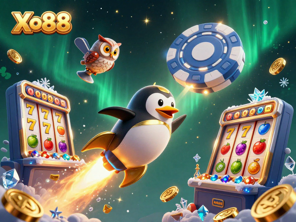 Xo88 offers an engaging experience with a golden penguin flying toward a poker chip casino amidst flying slot game elements.
