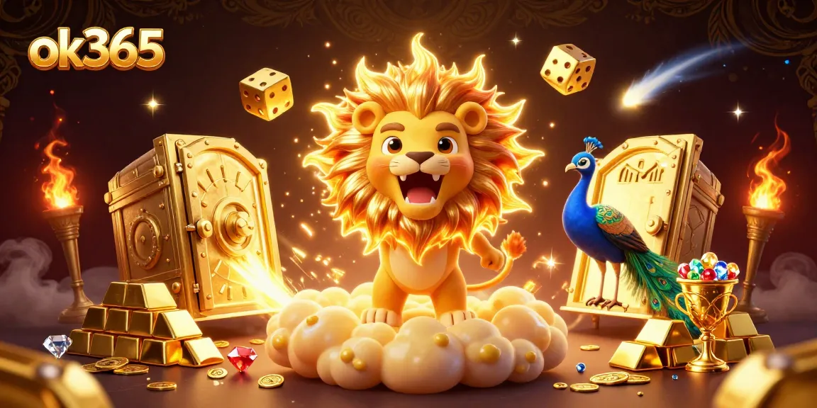 Spin the reels at ok365, showcasing a lion and golden dice in a vibrant 3D casino setting.