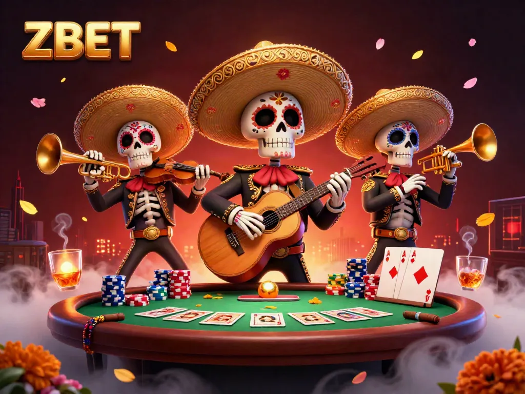 ZBET showcases a vibrant 3D illustration with skeleton mariachi musicians and poker elements, perfect for online gaming enthusiasts.