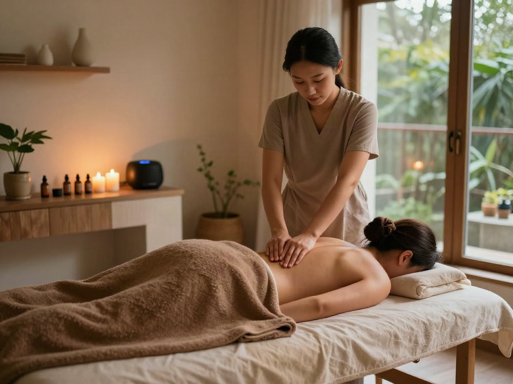 Relaxing 부평출장마사지 session in a serene home environment with soothing ambiance