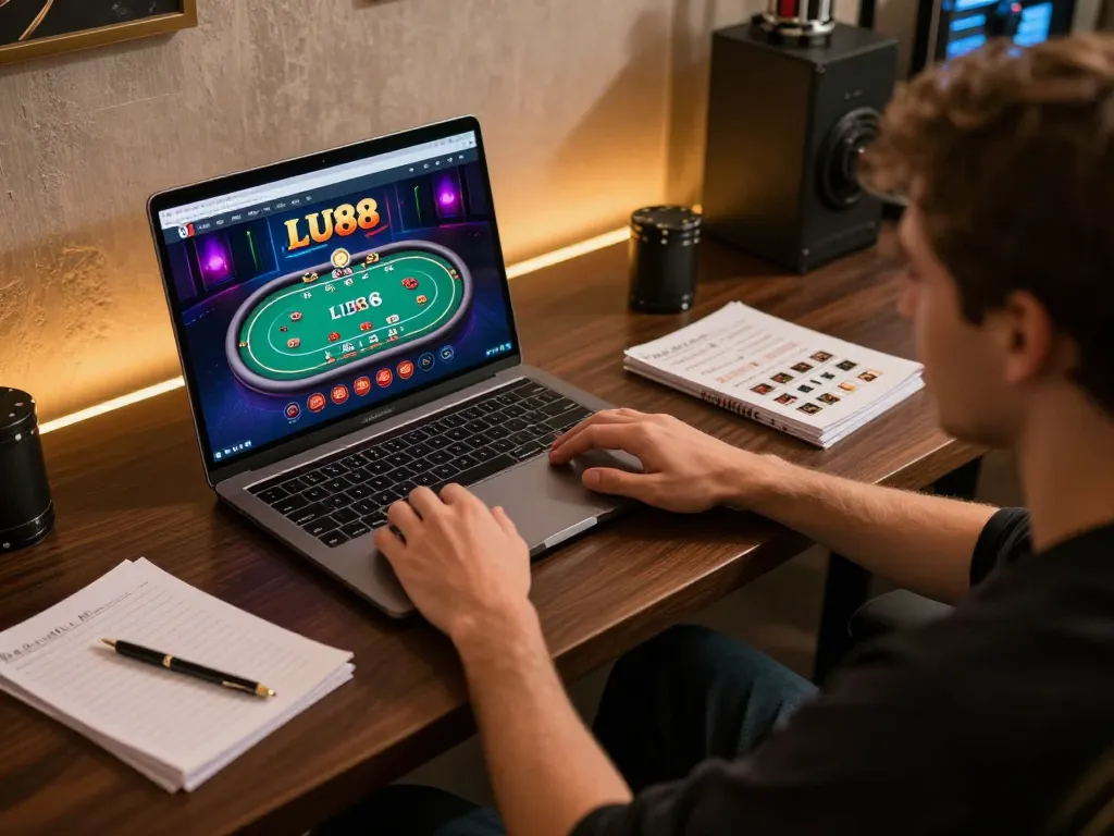 Experience strategic gaming at LU88 with interactive poker graphics on sleek laptop