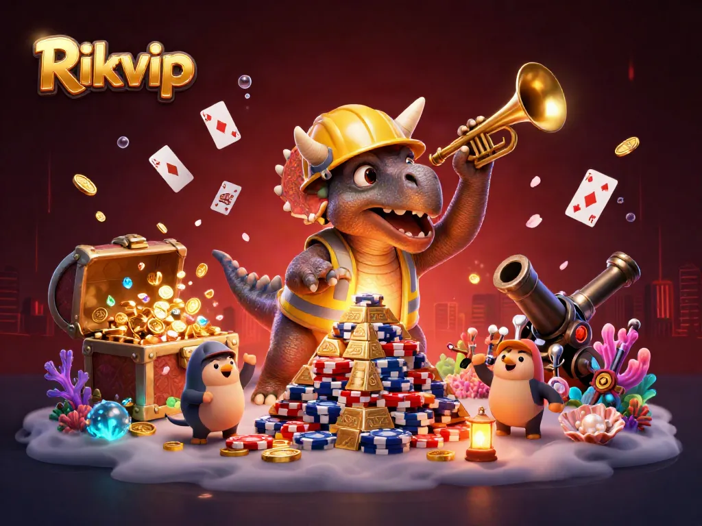 Play exciting games at Rikvip with a vibrant celebration in a dynamic 3D illustration.
