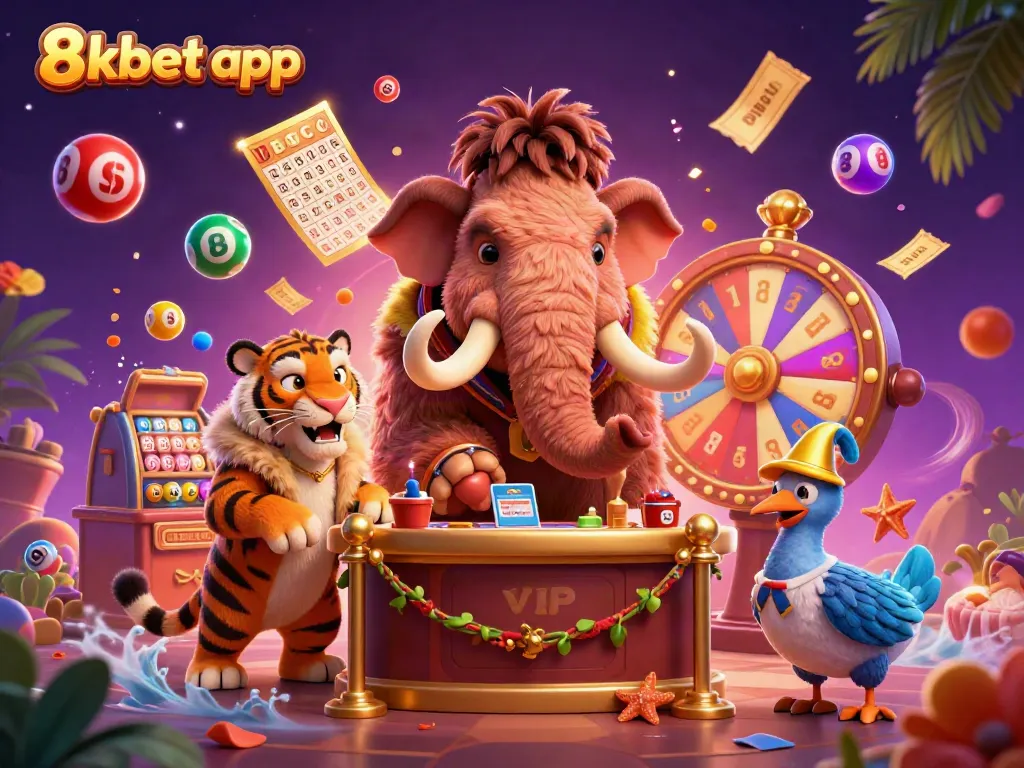 Experience the 8xbet app at a vibrant casino scene with a woolly mammoth bouncer checking IDs.