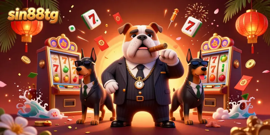 Experience classic casino action with sin88tg's vibrant 3D illustration showcasing a mafia boss bulldog amidst slot games.