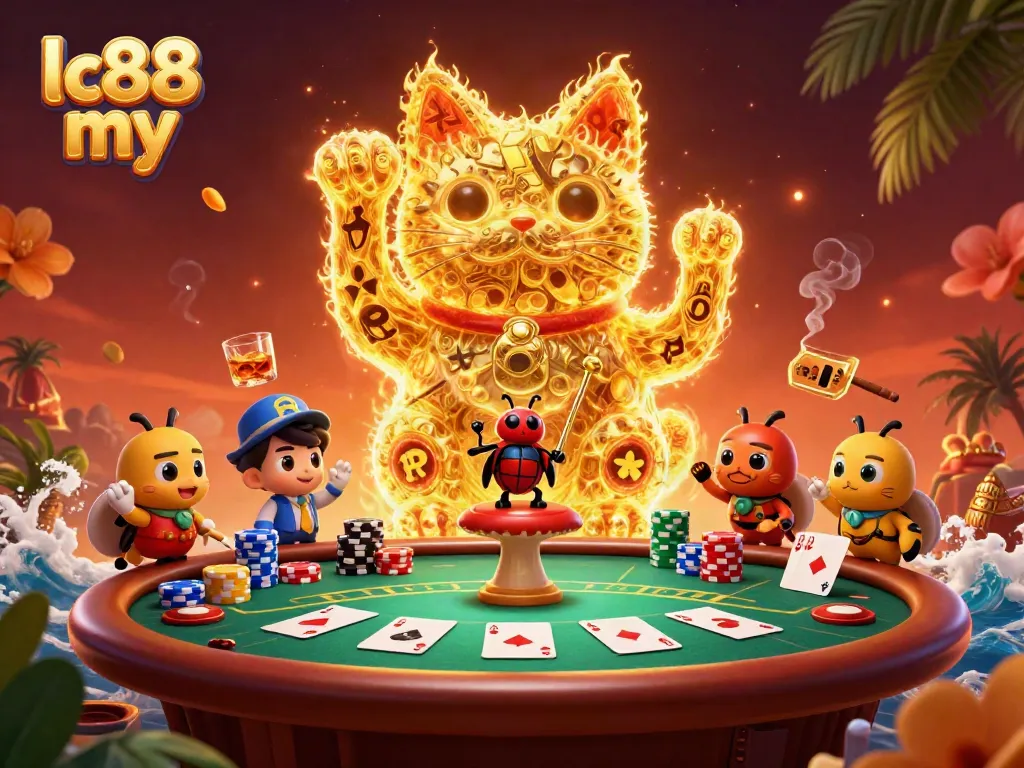 Engage with lc88 my through a vibrant casino atmosphere featuring a lucky cat and gaming elements.