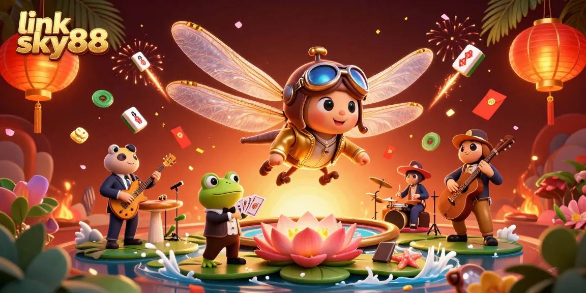 Play cards at a vibrant lily pad casino in this entertaining link sky88 artwork.