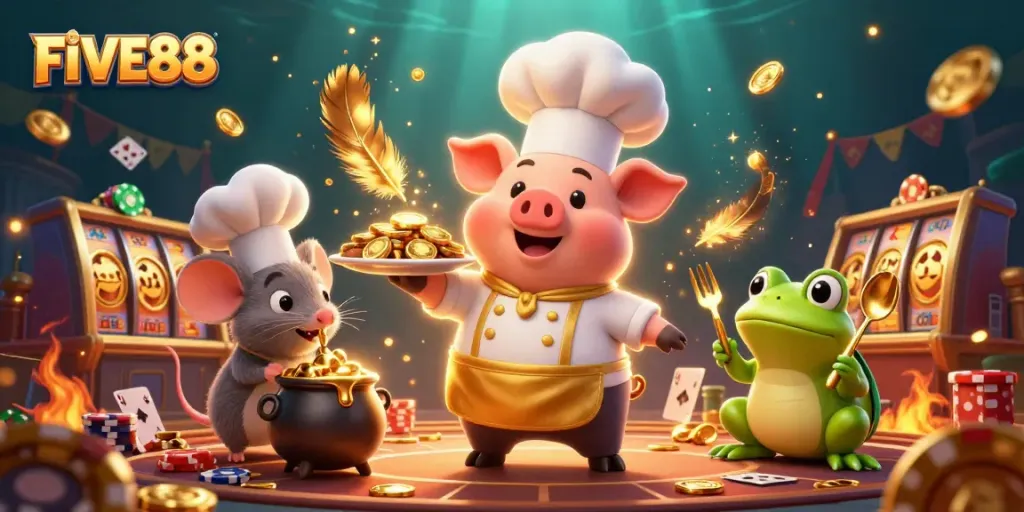 Experience the excitement of FIVE88 with animated casino characters engaging in vibrant gaming action.