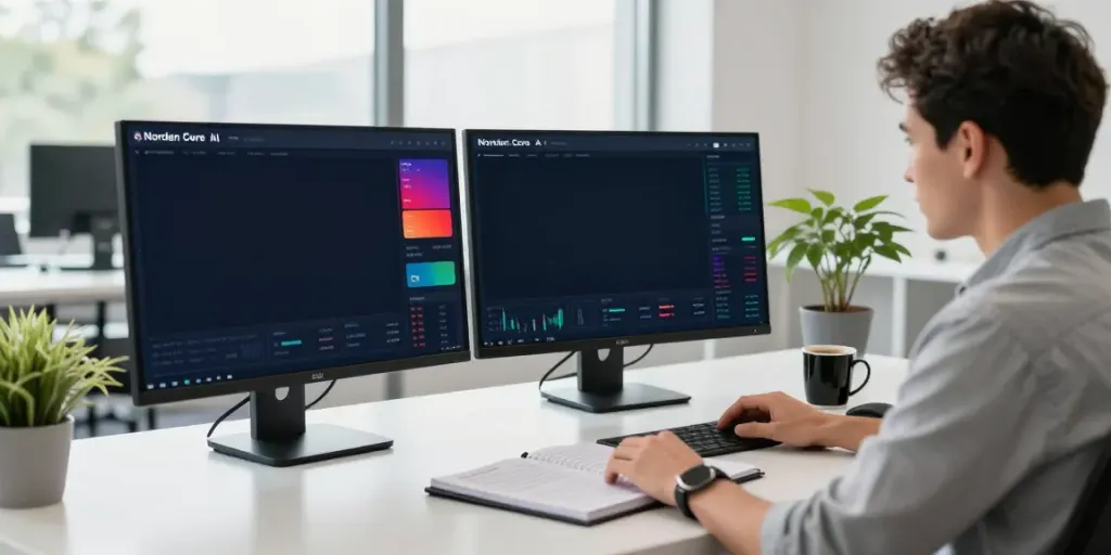 Norden Core trader analyzing market data on dual monitors in a modern workspace