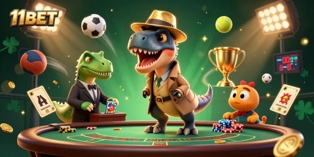 Experience thrilling gameplay with 11BET as a velociraptor card counter at a vibrant casino.