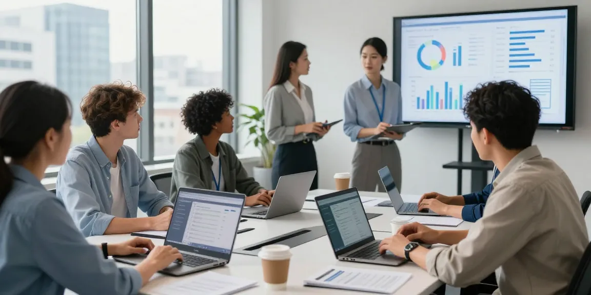 Team collaborating on IT support in business with laptops and analytics in a modern office environment.
