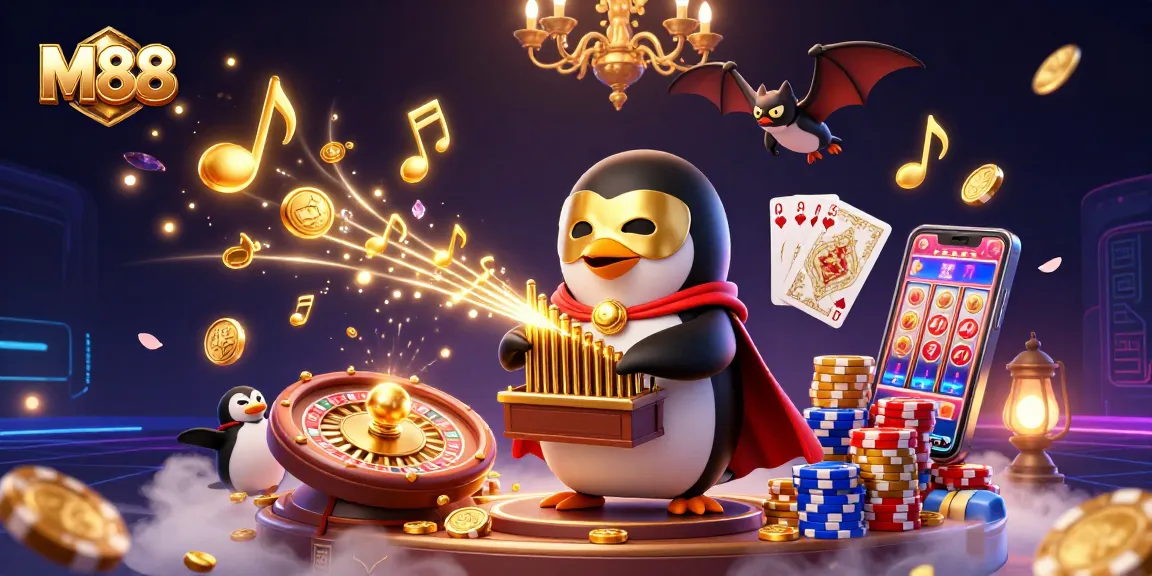 Win big at M88 with dynamic casino action including coins and cards flying in a vibrant scene!