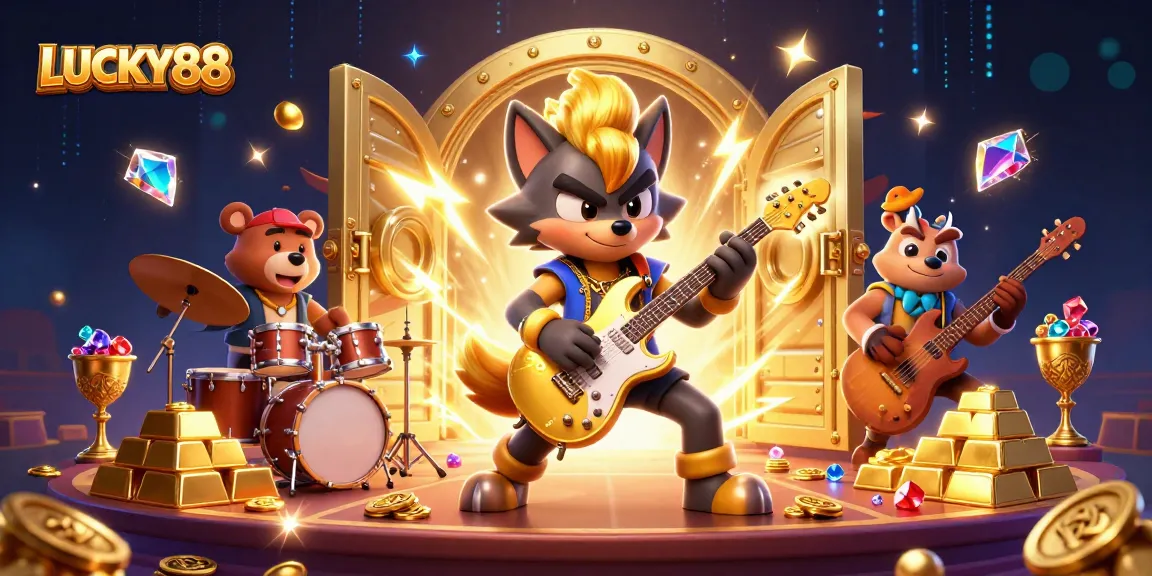 LUCKY88 slot scene featuring a rock star wolf and drummer bear surrounded by gold and jewels
