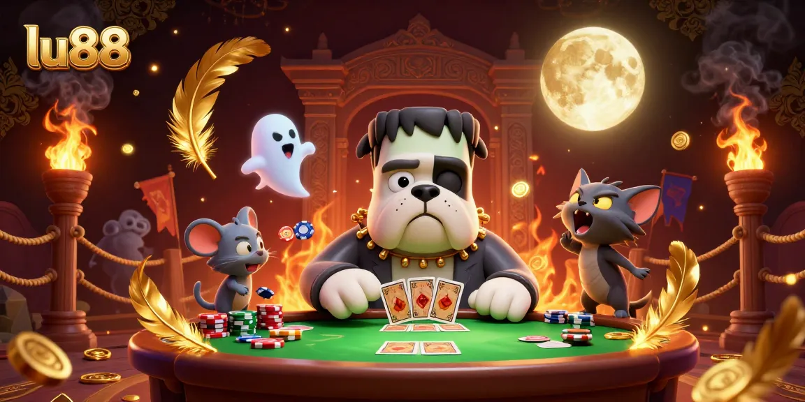 Engage in thrilling games at lu88 with a lively monster dealer at a vibrant casino scene.