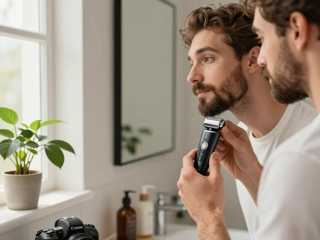 Grooming with a Laifen shaver in a modern bathroom, highlighting sleek design and advanced features.