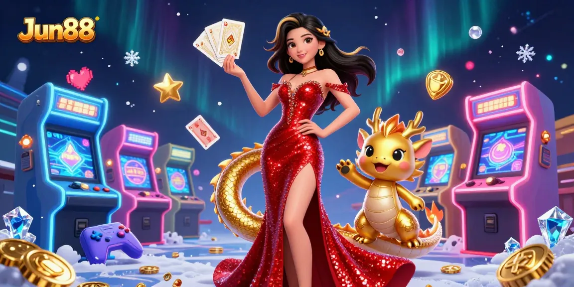 Engage in thrilling games at Jun88 with vibrant casino elements and a charming dragon mascot.