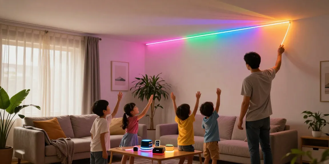 Banda LED flexibile folosite în livingul unei familii pentru iluminat ambiental.