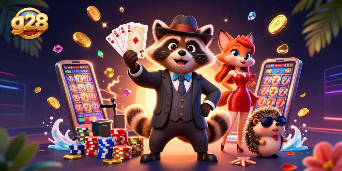 Experience thrilling gameplay at g28 with a raccoon holding a royal flush and sparkling chips.