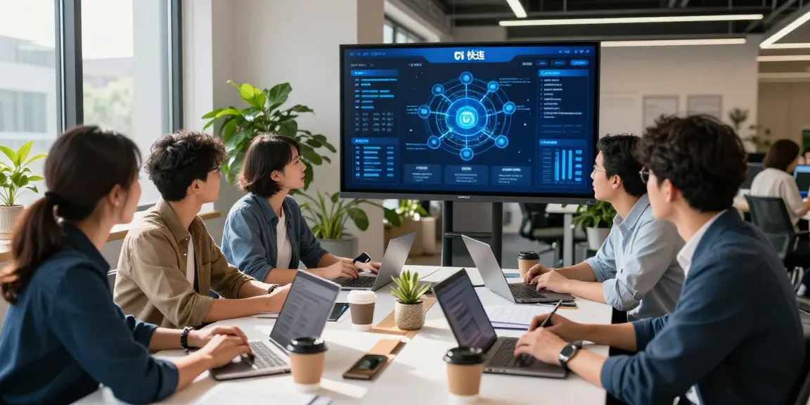 快连 network optimization dashboard displayed in a modern co-working space with engaged professionals.
