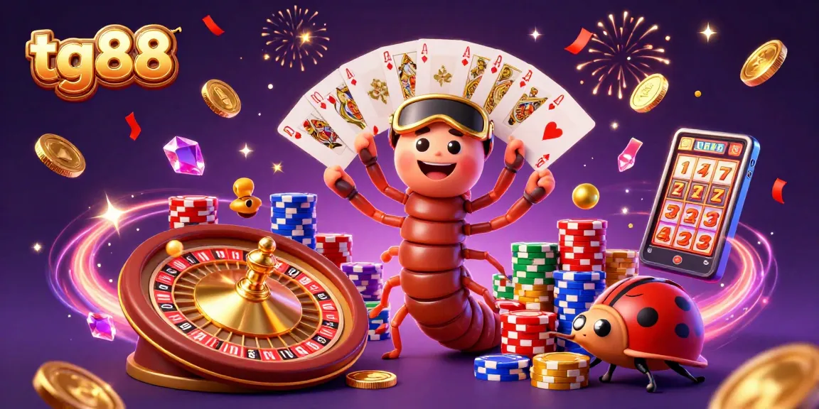 Experience the excitement of tg88 with a vibrant 3D digital casino scene featuring a millipede dealer and colorful game elements.