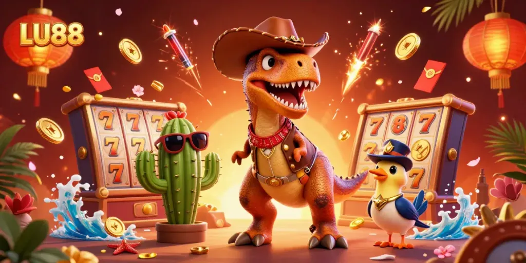 Engage in thrilling gameplay at LU88, with a vibrant 3D casino scene featuring slot machines and lively characters.