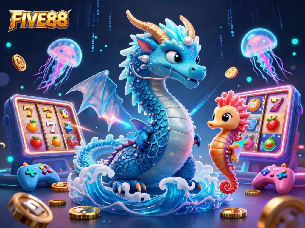 Engage in the excitement of FIVE88 with glowing slot reels and captivating characters in a vibrant 3D casino scene.