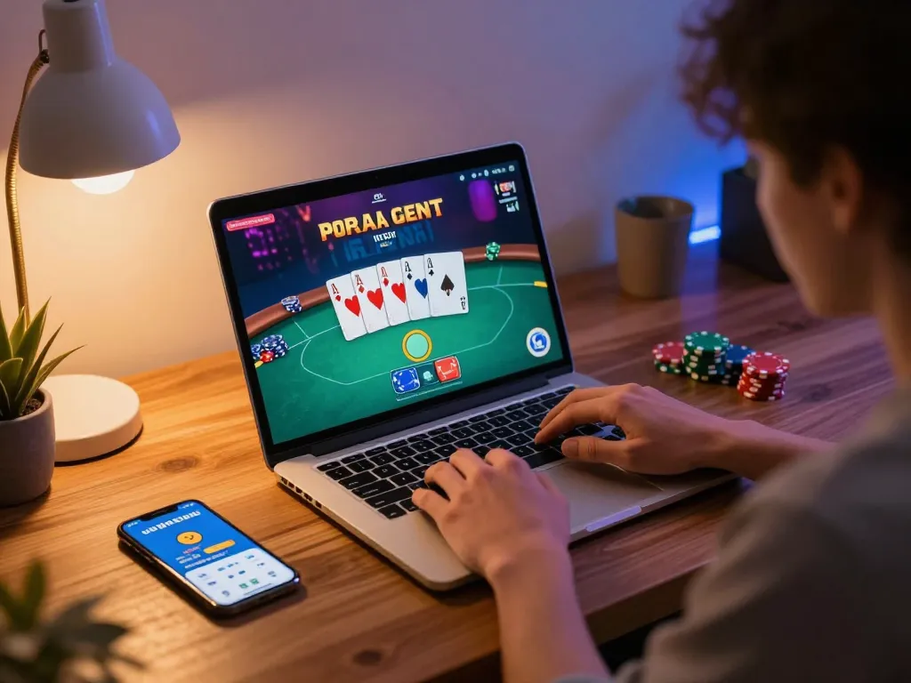 Engaging user plays poker at home using uu 88 online gaming platform, inviting atmosphere