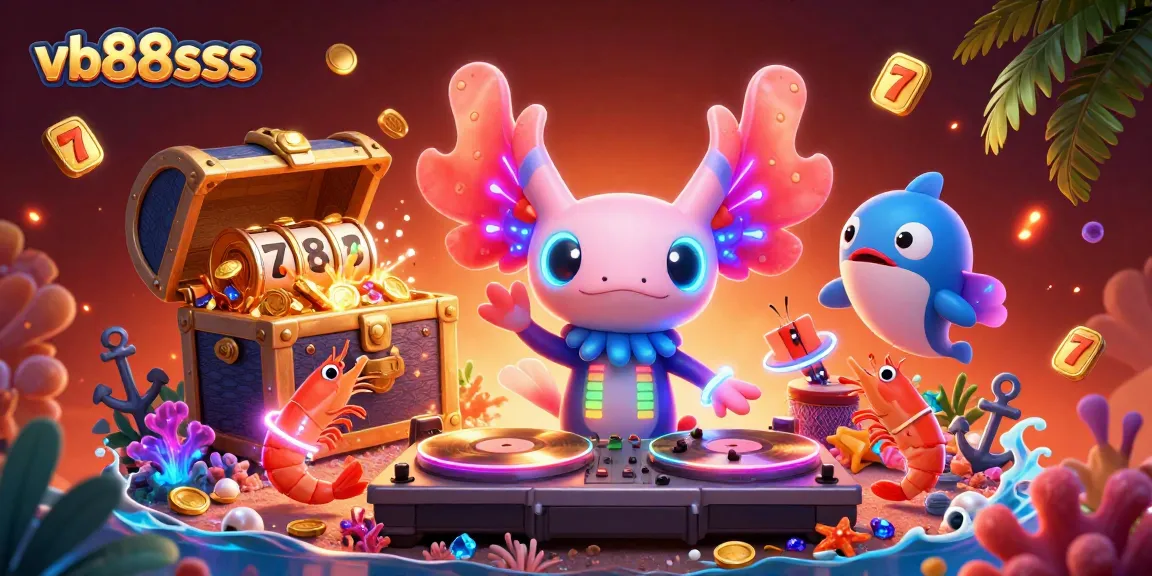 Experience vibrant VB88SSS slots within a lively underwater casino scene showcasing exciting characters and treasures.
