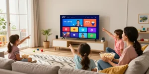 Meilleur iptv Québec : Famille regardant des chaînes IPTV sur grand écran avec ambiance chaleureuse.