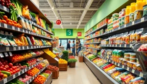 Shoppers exploring vibrant grocery sales in a well-stocked store aisle full of fresh produce and products.