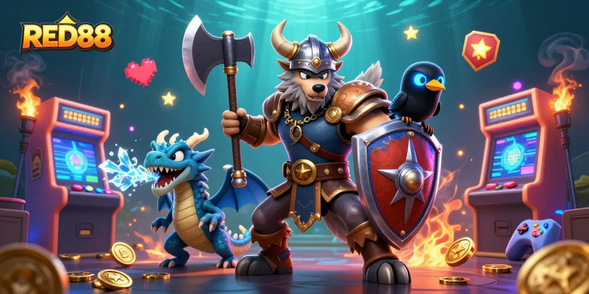 Engage with RED88's exciting gaming experience featuring a Viking wolf warrior, dragon, and interactive arcade elements.
